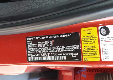 2015 BMW X1 Sdrive28I from USA, damaged, VIN WBAVM1C57FV314700